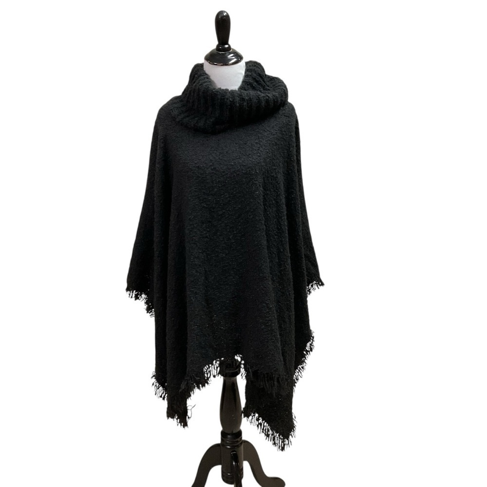 Time and Tru Women's Size L / XL Heritage Knit Poncho Fringed Cowlneck Charcoal